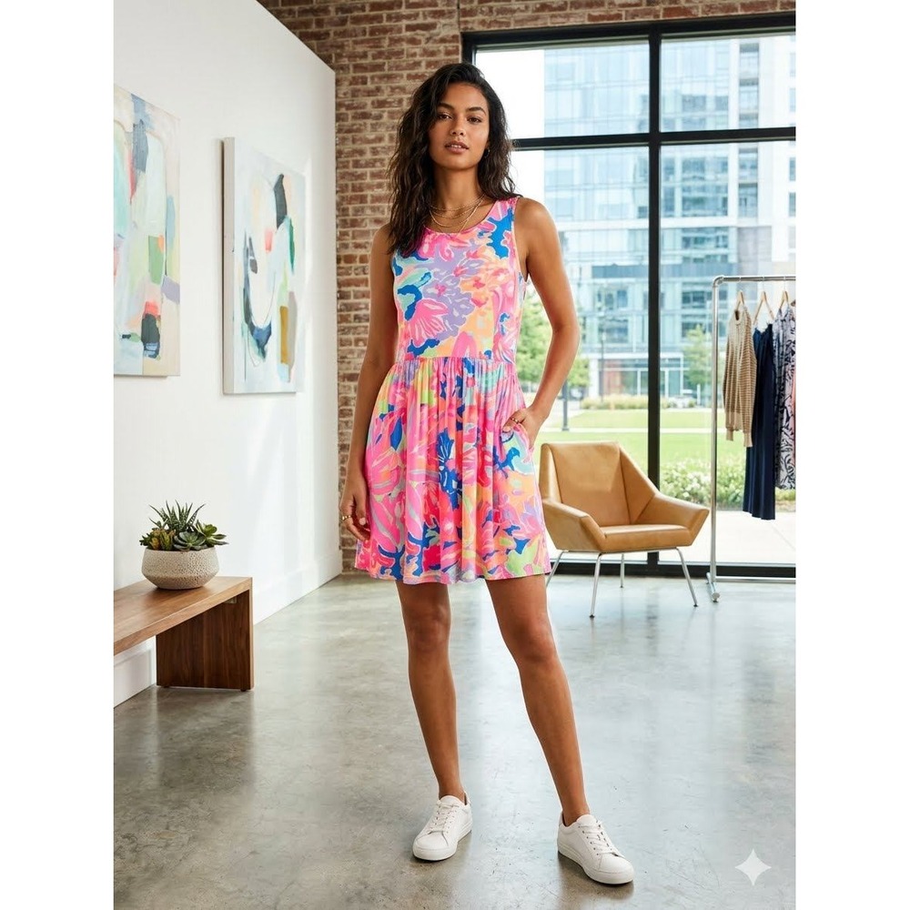 Lilly Pulitzer Pink Blue Floral Sleeveless Fit Flare Mini Dress Pockets Size 8
